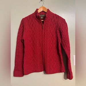 Inis Craft  Cable Knit Full Zip Red 100% Morino Wool Chunky Cardigan L